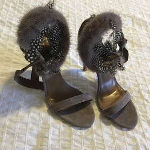 Aquazzura suede, mink and feathers . Worn inside once in perfect condition
